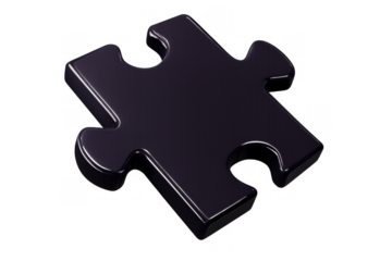 Black glossy 3d puzzle piece on a transparent background, symbolizing connection, strategy, and finding the right solution