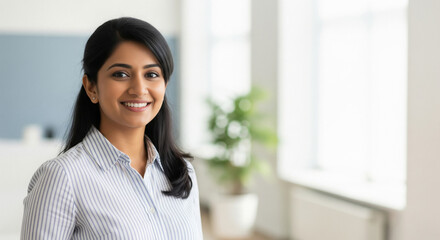 young Indian woman poses confidently, her hand gently resting on her chin, against a clean studio background.