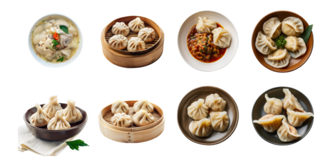 Varieties of Delicious Dumplings on Plates, set collection, mega bundle, isolated on transparent background