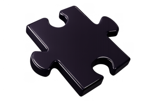 Black glossy 3d puzzle piece on a transparent background, symbolizing connection, strategy, and finding the right solution