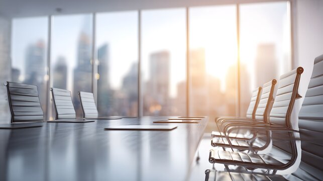 Modern corporate office boardroom with large glass windows overlooking city skyline, professional meeting space design and business workplace interior