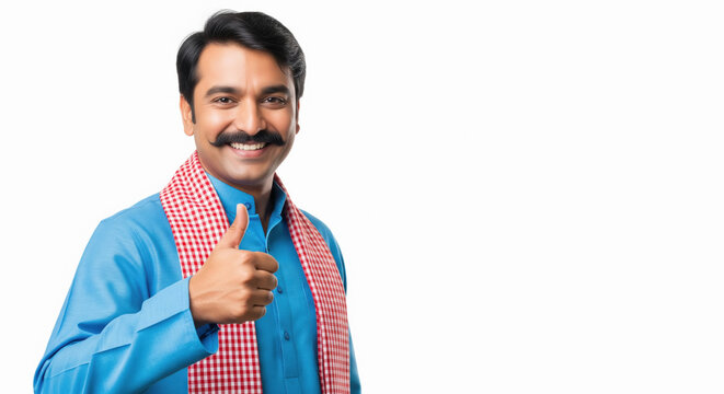 A smiling Indian man in traditional attire gives a thumbs-up, expressing positivity and confidence against a white background.