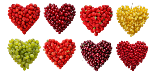 Colorful Heart Shapes Made of Various Fresh Fruits and Berries, Isolated on Transparent, white background