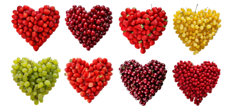 Colorful Heart Shapes Made of Various Fresh Fruits and Berries, Isolated on Transparent, white background