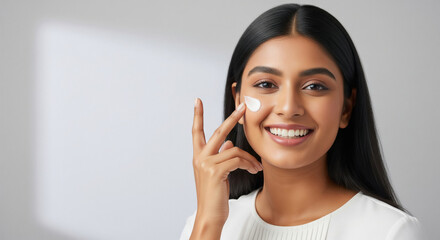 A smiling young Indian woman with long hair applies moisturizer to her cheek