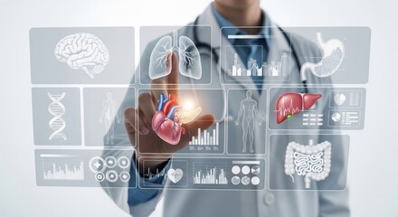 Doctor Interacting With Futuristic Medical Hologram Showing Human Organs and Anatomy Charts