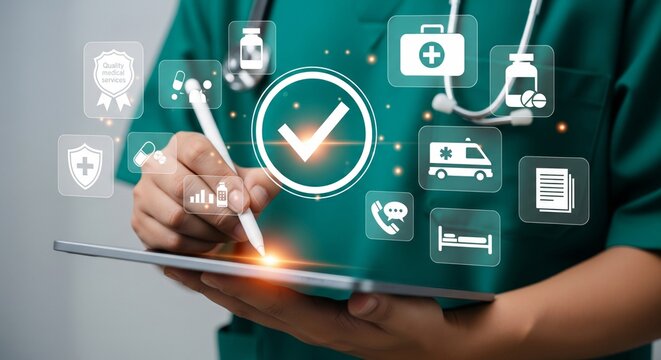 Doctor Using Digital Tablet with Medical Quality and Checkmark Hologram Icons