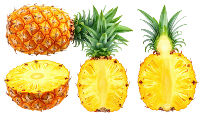 Pineapple halves and whole; yellow fruit with green crown