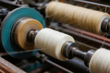 Close-up of spinning machine with yarn spools in operation