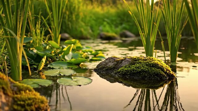 Underwater perspective revealing the mysterious depths of the pond, with sunlight filtering through, illuminating submerged plants and the natural substrate.