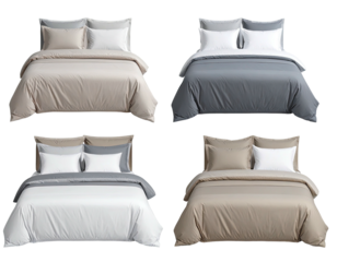 Beds tan, grey, white. Bedding sets, soft folded comforters