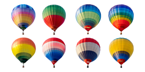 Colorful Hot Air Balloons in Various Designs Against Clear Sky, isolated on transparent background