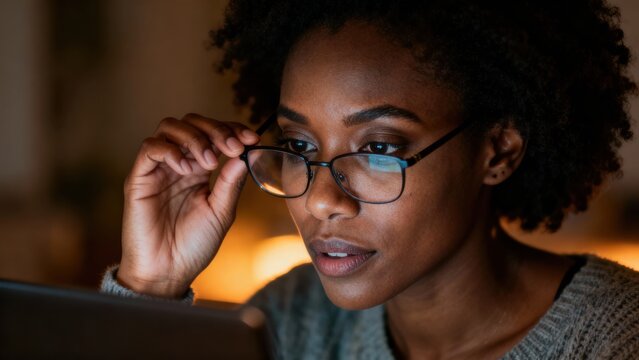 black entrepreneur working remotely concept. Focused woman adjusting glasses while working on a laptop at night.