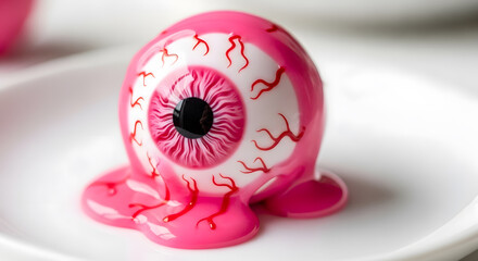 Pink Eyeball Treat on Plate, Halloween Food Concept