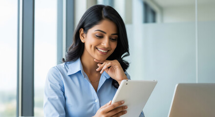 A confident Indian businesswoman in a light blue shirt works on a tablet in a bright office, smiling and focused on her professional tasks.