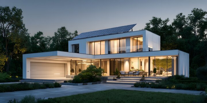 Modern sustainable smart house with solar panels on roof at sunset, eco-friendly architecture, renewable energy home and green technology concept
