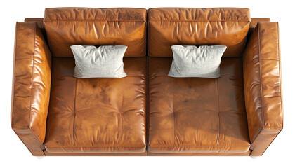 Leather couch, overhead view, two pillows, warm, cozy