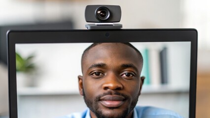 black entrepreneur working remotely concept. Close-up of a man during a video call on a laptop screen.