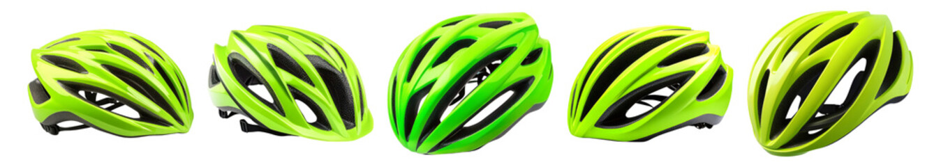 Bright Green Cycling Helmets in Various Angles and Positions, Isolated on Transparent, white background