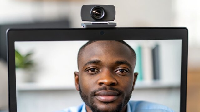 black entrepreneur working remotely concept. Close-up of a man during a video call on a laptop screen.