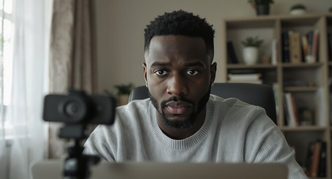 black entrepreneur working remotely concept. Focused man on a video call at home with a webcam.
