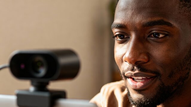 black entrepreneur working remotely concept. Engaged man video chatting with a webcam in a bright room. - Powered by Adobe