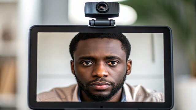 black entrepreneur working remotely concept. Focused man on a video call with a camera above the screen.