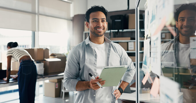 Glass wall, logistics and man with tablet for thinking, ecommerce ideas or analysis. Technology, smile and entrepreneur with board for shipping, distribution strategy and vision with graphs in office - Powered by Adobe