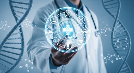 Futuristic Medical Hologram Interface Held by Doctor with DNA Background