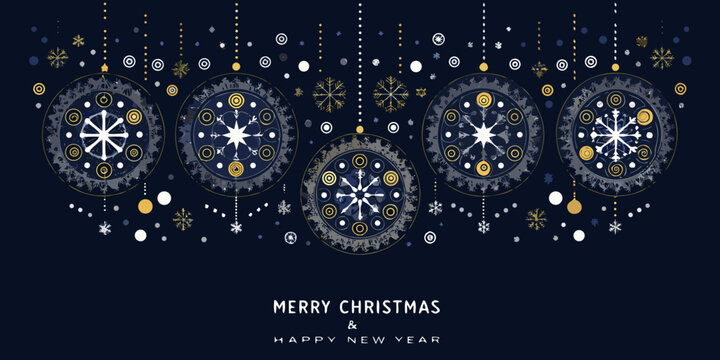 Elegant merry christmas and happy new year greeting card with ornate snowflake ornaments and festive decorations on dark blue background