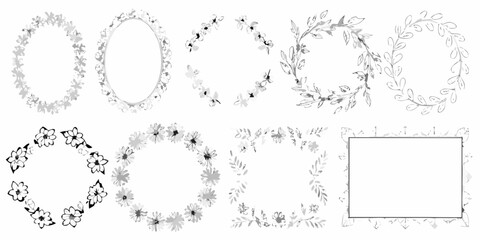 Collection of hand drawn floral and leafy wreaths and frames in grayscale watercolor style