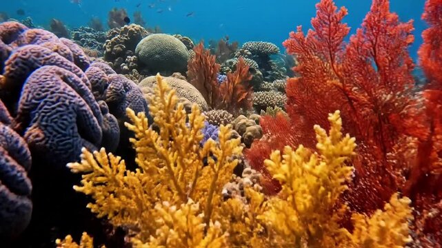 Subtle interaction of small, non anthropomorphic marine life (e.g., tiny fish, anemones) within the colorful coral landscape. Observational view of the ecosystem's inhabitants, adding natural?