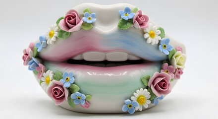 Floral Lips Sculpture: Porcelain Mouth Adorned with Roses and Forget-Me-Nots