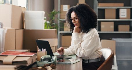 Woman, laptop and thinking for dropshipping at office, supply chain and distribution schedule for...