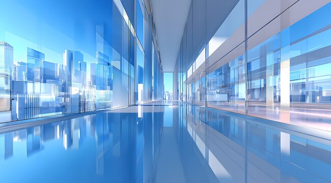 Futuristic glass building interior with dynamic city skyline reflection, modern architecture design and innovation concept of urban development and speed