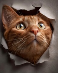 Curious Ginger Cat Peeking Through Torn Paper Hole