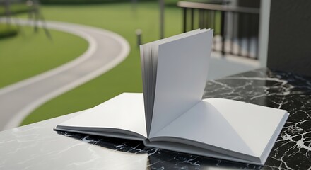 Open blank book with white pages resting on a dark marble surface, set against a blurred outdoor background with green lawn and pathway
