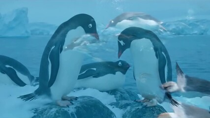 A dynamic sequence showcasing the harsh yet beautiful Antarctic environment, with strong winds and falling snow, as a lone penguin stands resiliently against the elements, emphasizing wild nature.