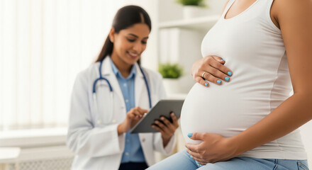 A pregnant woman in casual attire gently cradles her belly while a female doctor consults with a tablet during a prenatal checkup