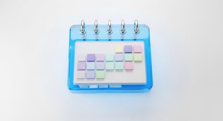 3D render of a blue transparent ring-bound calendar icon with pastel colored event squares