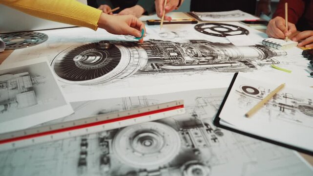 Engineers collaborate in a modern workspace, focusing on technical drawings and mechanical components, showcasing the essence of innovation and teamwork in design. SACTR
