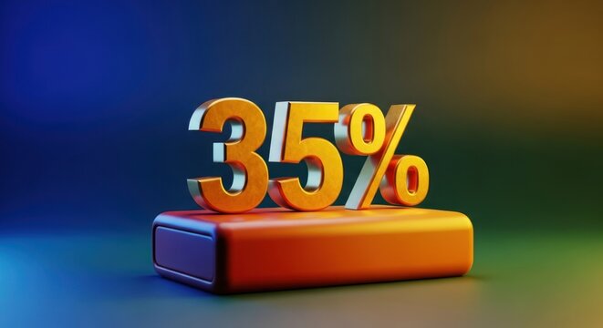 3D render metallic gold 35% on an orange pedestal against a colorful gradient background