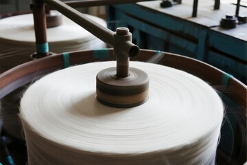 Industrial textile spinning machine with rotating yarn spool in a factory setting