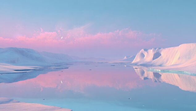 Serene arctic landscape at dawn, pastel hues paint the sky and ice-covered water, reflecting the soft light and clouds, with snow-covered mountains in the distance