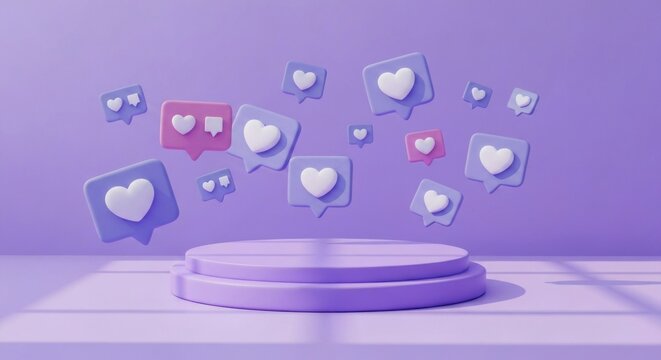 3D purple podium below floating pastel heart icons representing social media engagement