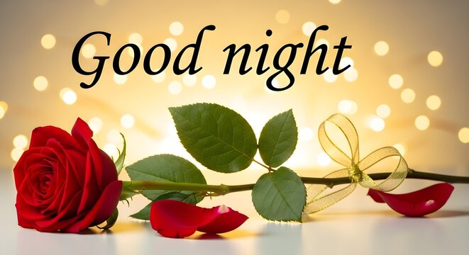 Romantic good night wish with red rose and golden bokeh background for greetings