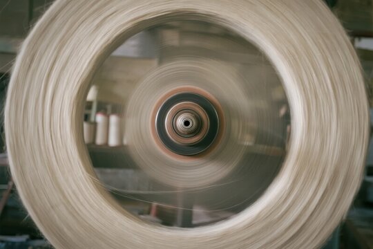 Close-up of a spinning textile bobbin in motion, showing blurred threads and industrial machinery components. - Powered by Adobe