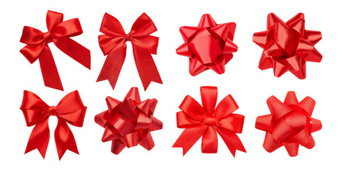 Various Red Ribbon Bows for Gift Wrapping and Decoration Purposes, isolated on transparent background