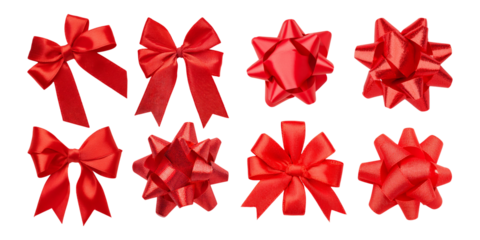 Various Red Ribbon Bows for Gift Wrapping and Decoration Purposes, isolated on transparent background