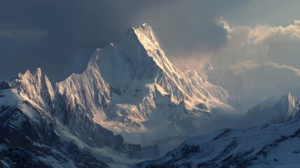 Obraz premium Majestic mountain peak covered with snow illuminated by golden sunrise, stunning natural landscape of winter highlands and adventure travel destination